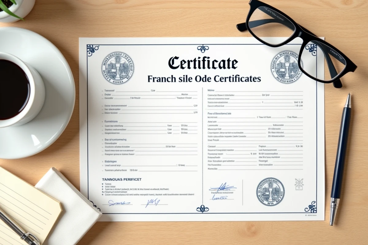 Vue de dessus d'un acte de naissance officiel français posé sur un bureau en bois avec stylo et lunettes de lecture