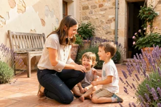 Une baby-sitter souriante joue avec deux jeunes enfants dans une cour provençale ensoleillée des Bouches-du-Rhône