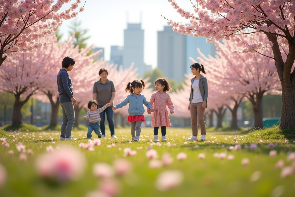 Jeu d enfants dans une aire de jeu japonaise au printemps