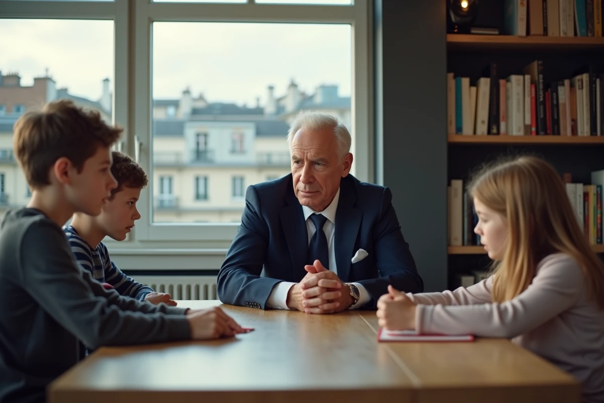 Alain Bauer avec ses enfants dans un intérieur parisien