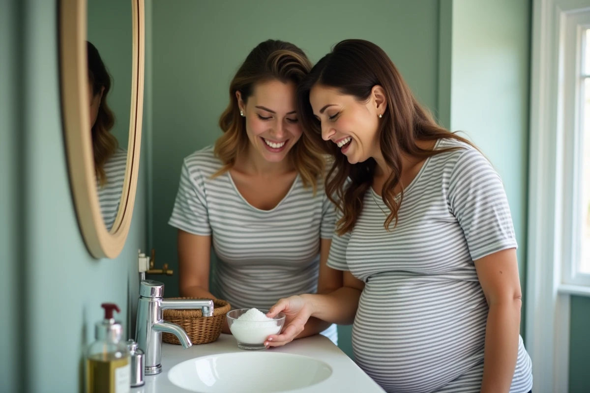 Deux amies observant le résultat du test du sel pour prédire le sexe du bébé dans une salle de bain