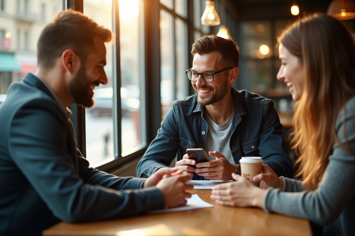 Groupe d amis dans un cafe moderne avec un homme qui envoie un message