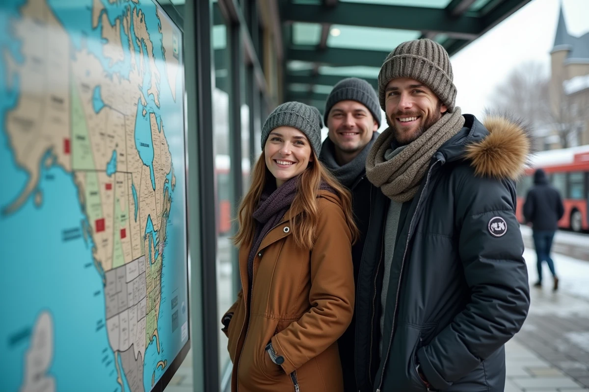 Trois amis regardant une carte des vacances dans une station de bus urbaine