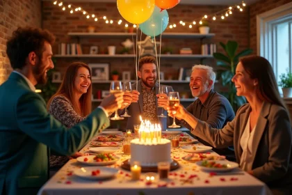 Groupe d'adultes fêtant un anniversaire improvisé autour d'une table décorée avec des guirlandes colorées et un gâteau fait maison