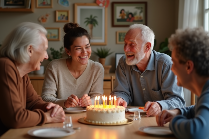 Groupe de famille c&eacute;l&eacute;brant un anniversaire &agrave; la maison