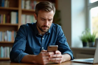 Homme frustré regardant son smartphone avec une application de suivi qui ne fonctionne plus, assis dans un bureau à domicile