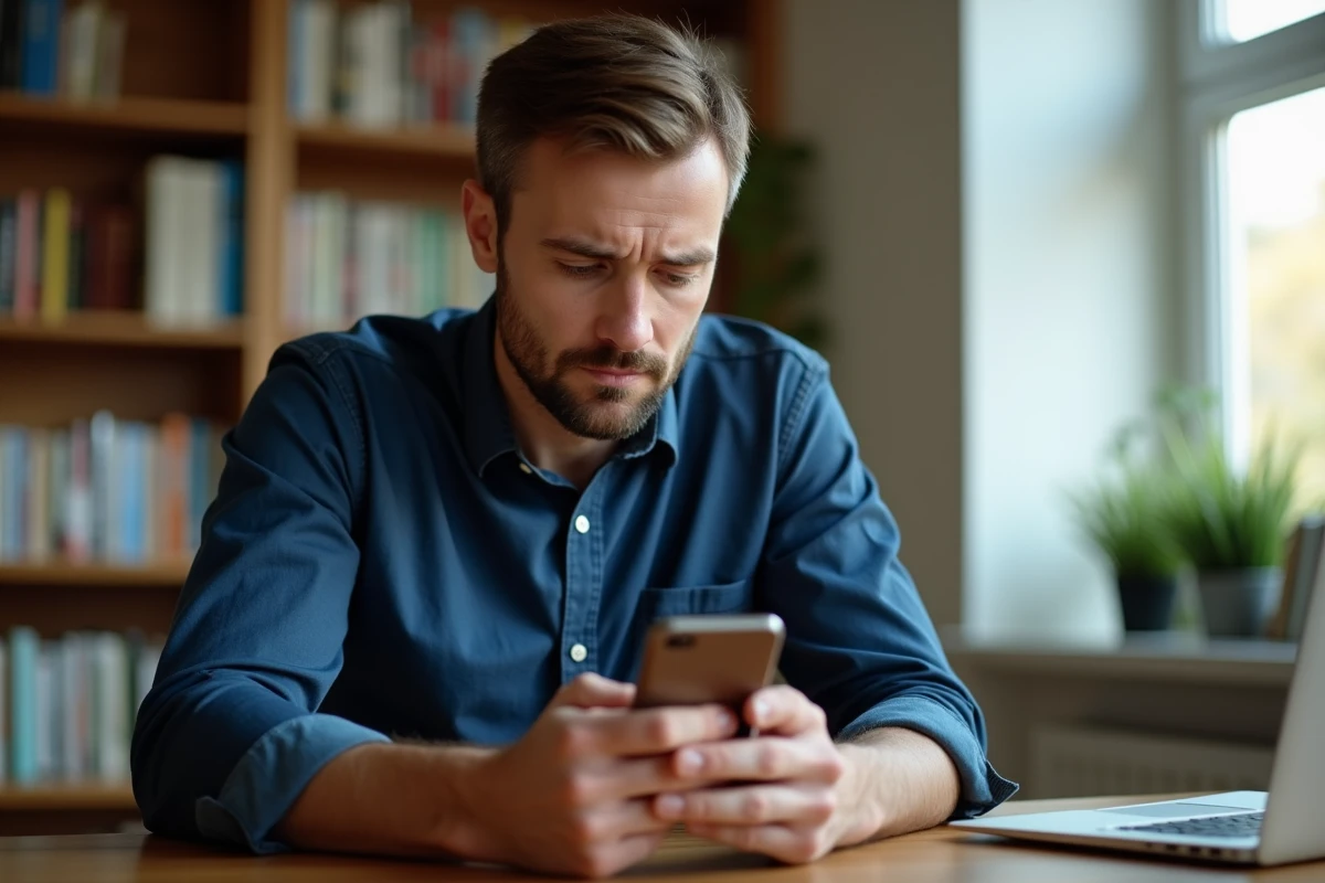 Homme frustré regardant son smartphone avec une application de suivi qui ne fonctionne plus, assis dans un bureau à domicile