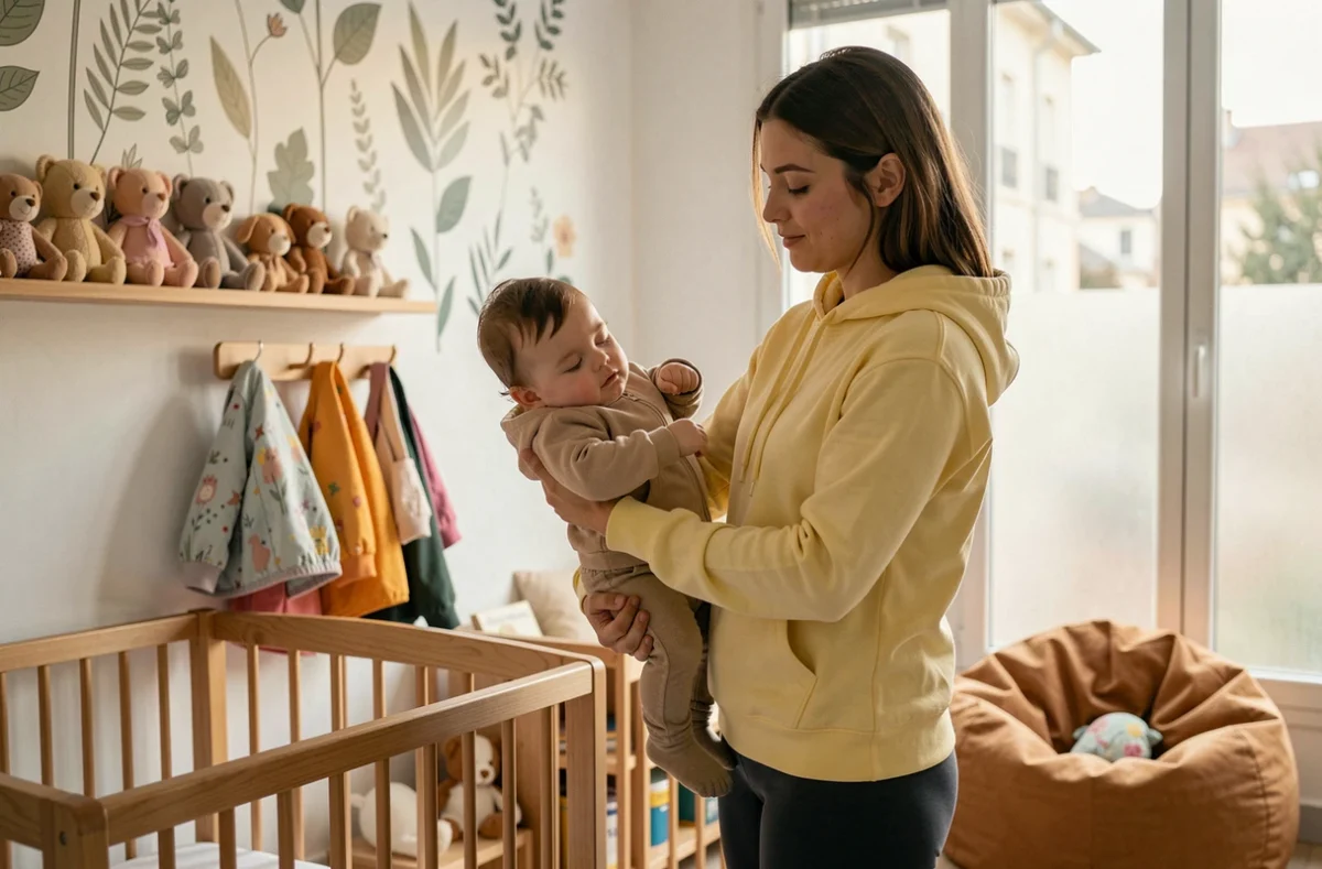 Une baby-sitter d'Après la Crèche Marseille récupère un tout-petit endormi dans un espace de garde post-crèche