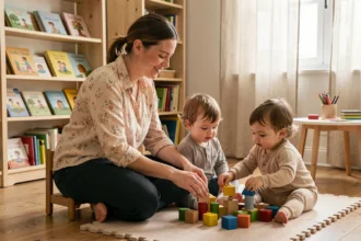 Assistante maternelle agréée jouant avec des enfants en bas âge dans un cadre familial chaleureux dans les Hauts-de-France