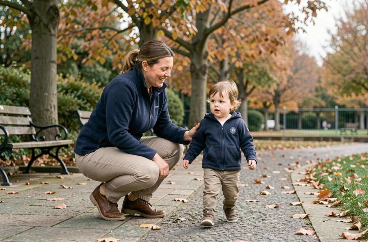 Assistante maternelle accompagnant un tout-petit lors d'une promenade dans un parc des Hauts-de-France en automne