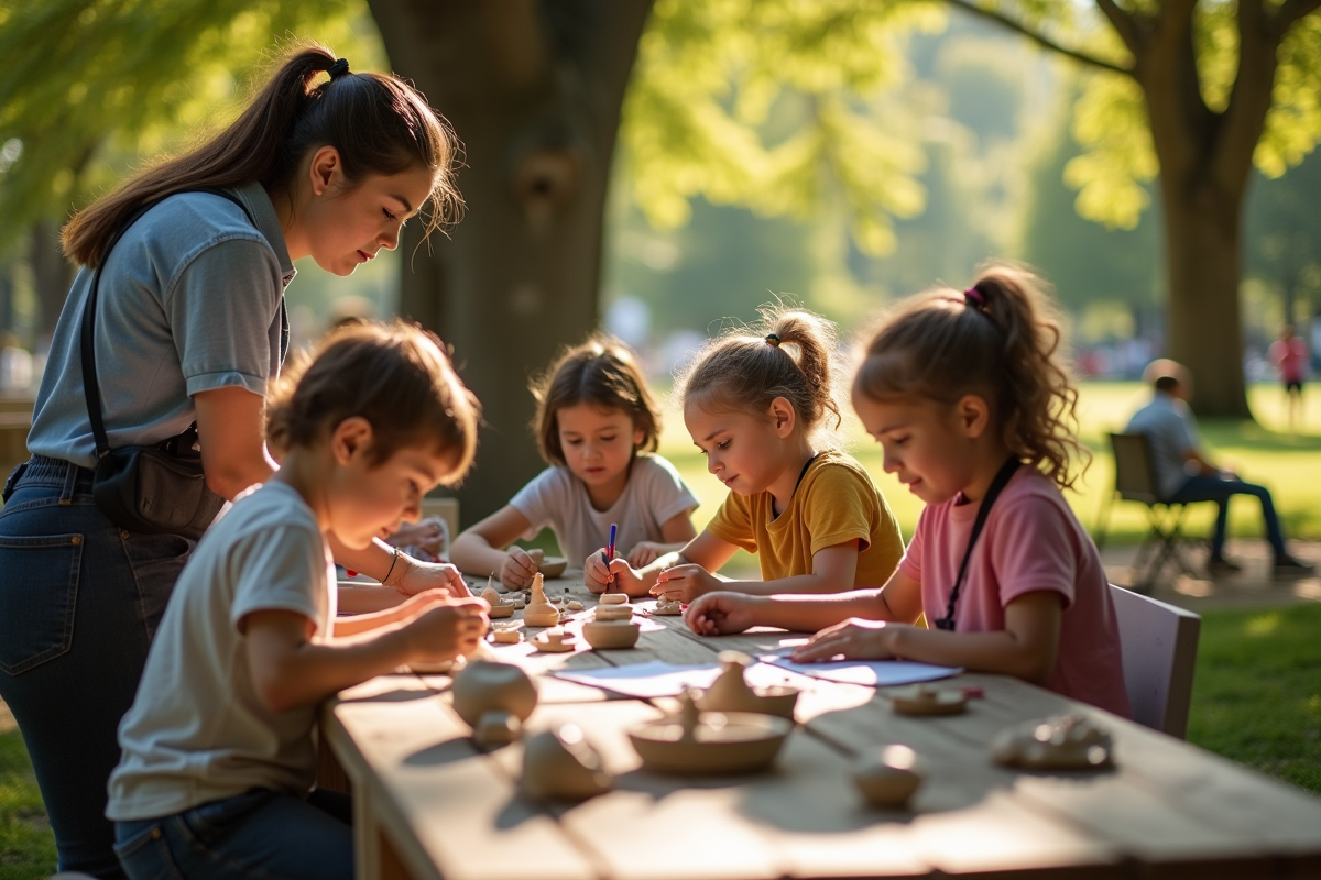 Enfants créant de l art en extérieur dans un parc en famille