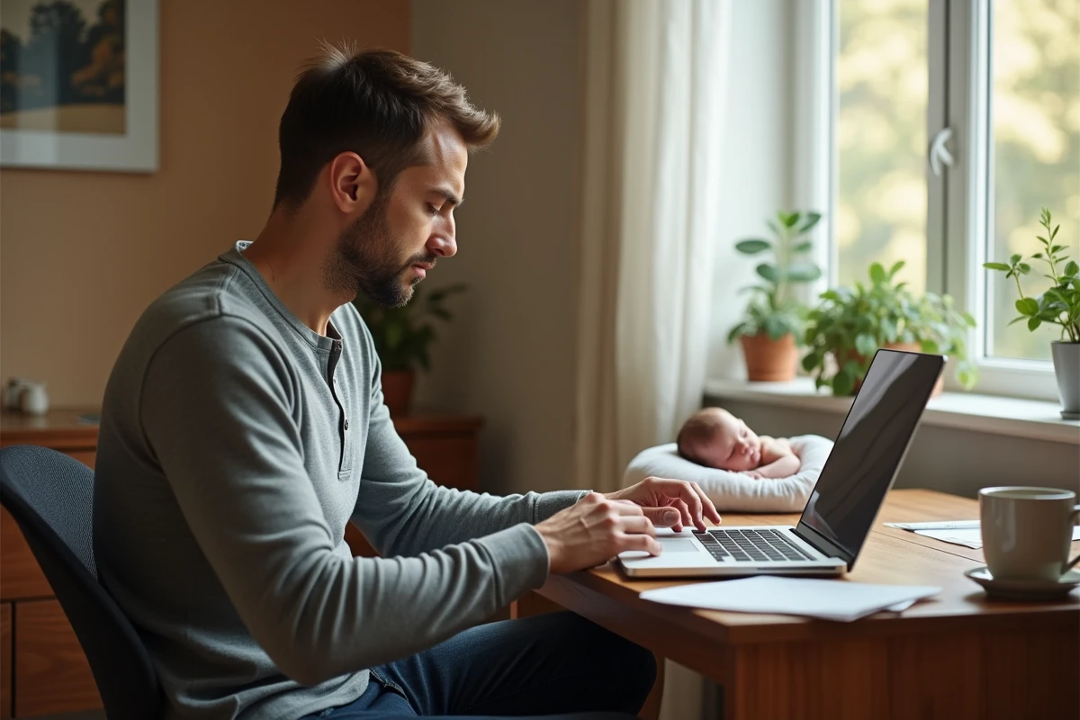 Autoentrepreneur en congé paternité travaillant sur son ordinateur portable à côté du berceau de son nouveau-né à la maison