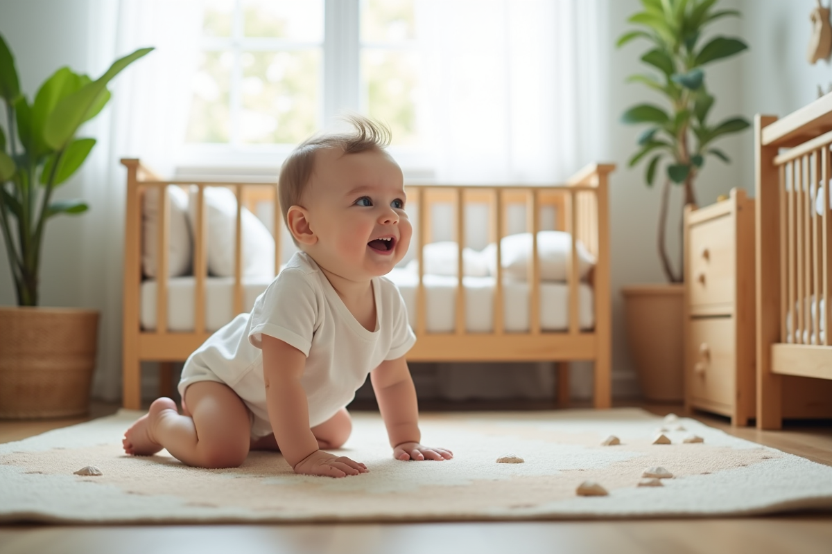 Bébé heureux rampe près du lit Montessori lumineux