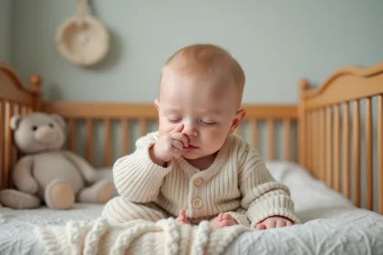 B&eacute;b&eacute; endormi dans son berceau en bois avec pyjama pastel