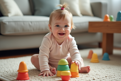 Bébé fille de 7 mois jouant avec des gobelets colorés