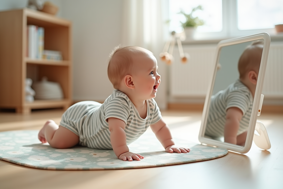 Bébé garçon de 7 mois regardant son reflet dans un miroir