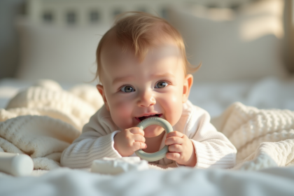 Bébé souriant allongé sur un linge doux avec anneau de dentition