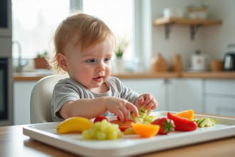 Bébé dans une chaise haute mangeant des fruits colorés