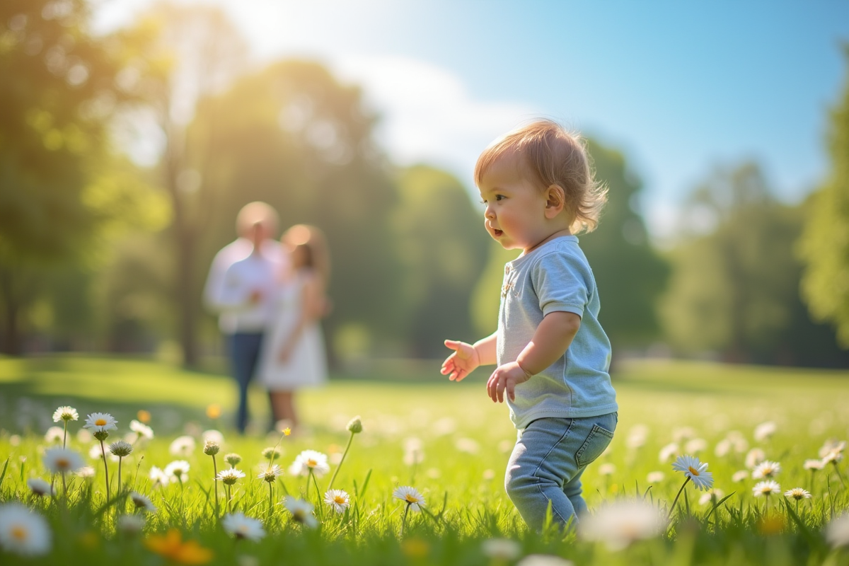 Bébé debout dans un parc en fleurs avec parents en arrière-plan