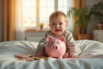 Bébé souriant assis sur le lit avec une tirelire pleine de pièces