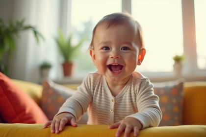 Bébé souriant debout dans un salon lumineux et ensoleillé
