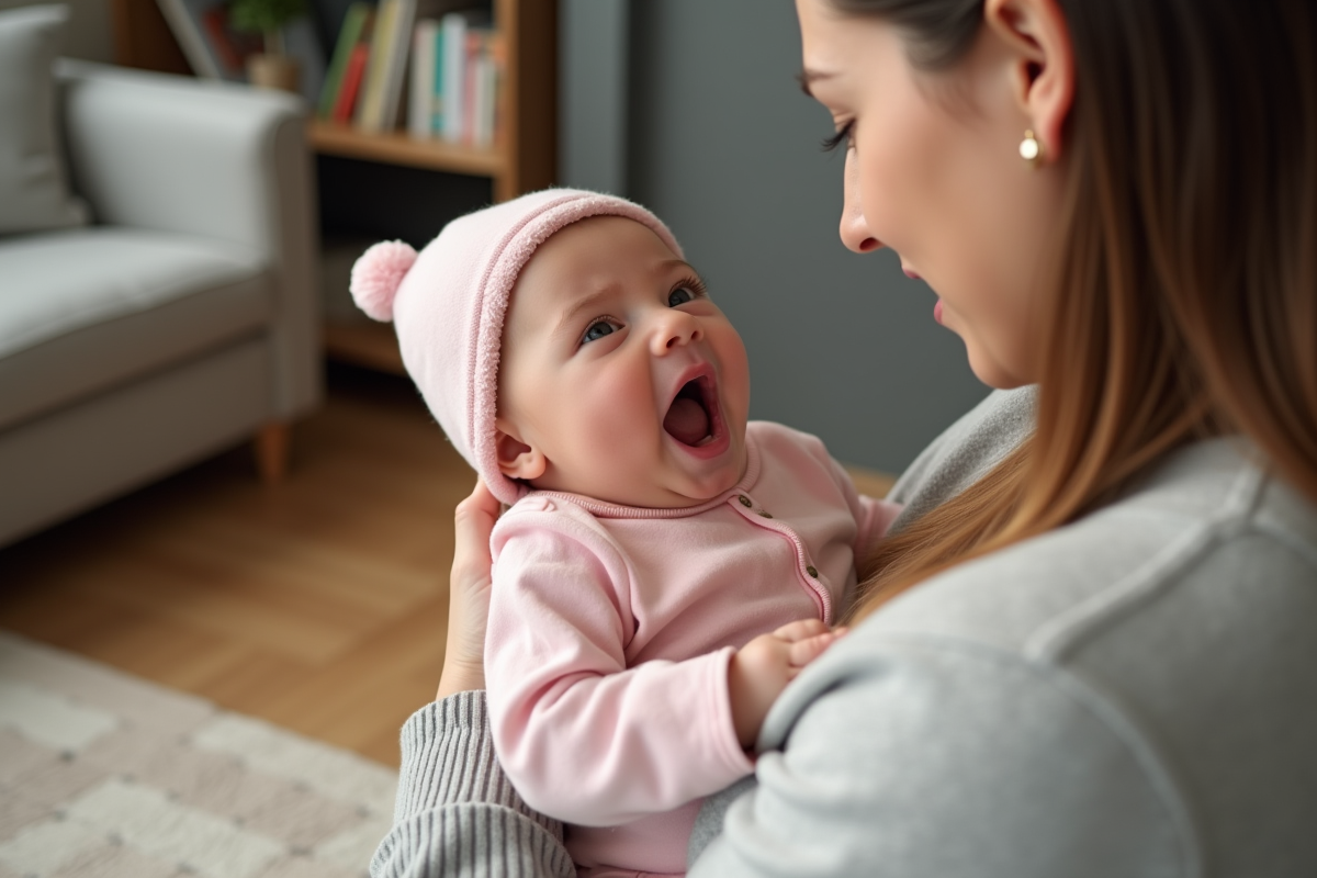 Bébé fille bâillant dans les bras de sa mère dans un salon cosy