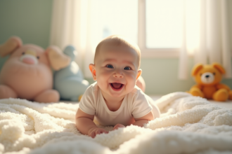 Bébé heureux jouant sur une couverture dans une nurserie lumineuse
