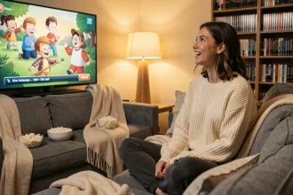 Jeune femme nostalgique regardant des classiques Disney en binge-watching sur son canapé confortable