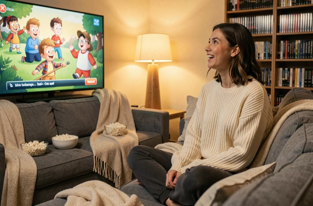Jeune femme nostalgique regardant des classiques Disney en binge-watching sur son canapé confortable