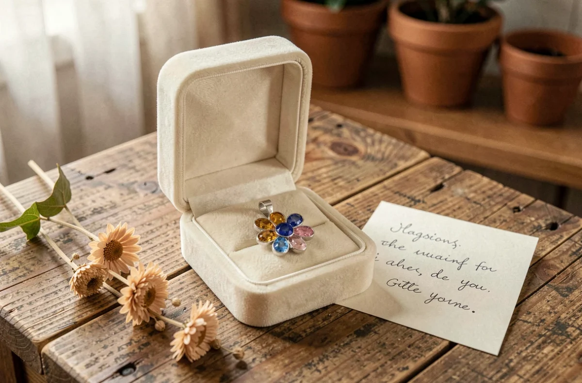 Boîte à bijoux ouverte avec pendentif personnalisé aux pierres de naissance et carte cadeau manuscrite pour la fête des mères