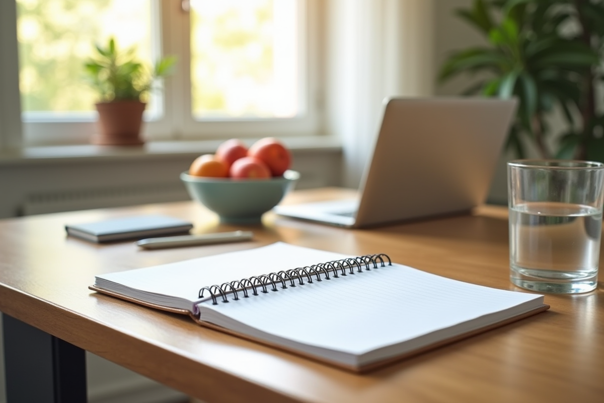 Bureau bien organisé avec fruits et ordinateur lumineux