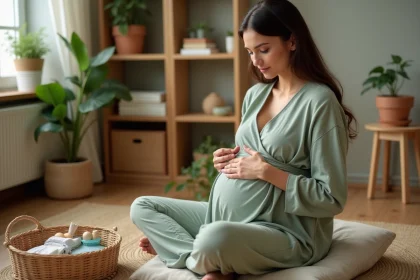 Femme enceinte examinant des cadeaux de grossesse écoresponsables dans un intérieur scandinave naturel