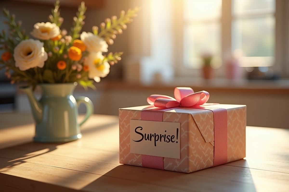 Coffret cadeau avec note surprise sur une table en bois ensoleillée
