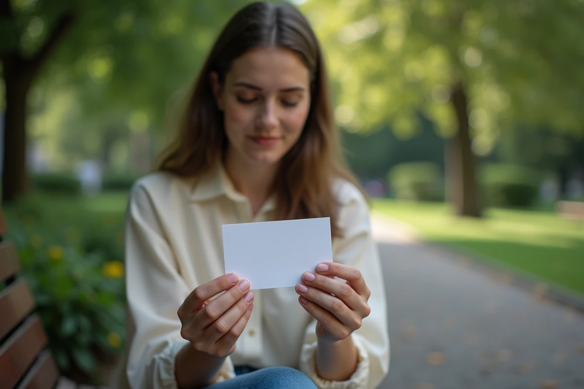Main tenant une carte de condoleances dans un parc paisible