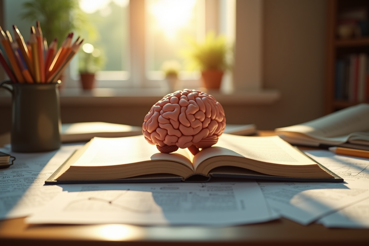 Modèle de cerveau sur un livre avec outils créatifs et lumière naturelle