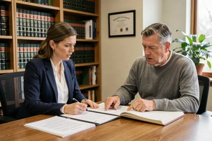 Une avocate et son client examinent ensemble un dossier juridique lors d'un changement de représentation légale en cours de procédure
