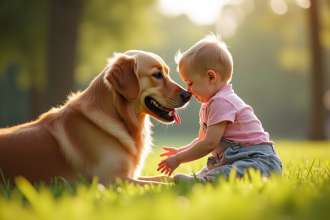 Golden retriever jouant avec un enfant dans un parc ensoleille