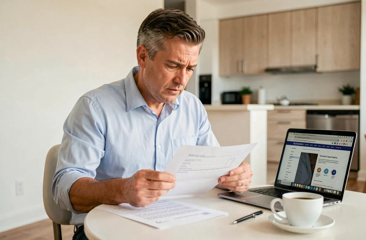 Un homme examine seul une facture d'avocat et un courrier juridique à domicile, face aux questions financières d'un changement de représentation légale
