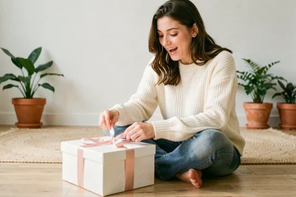 Jeune femme ouvrant un coffret cadeau naissance gratuit dans un salon minimaliste et chaleureux