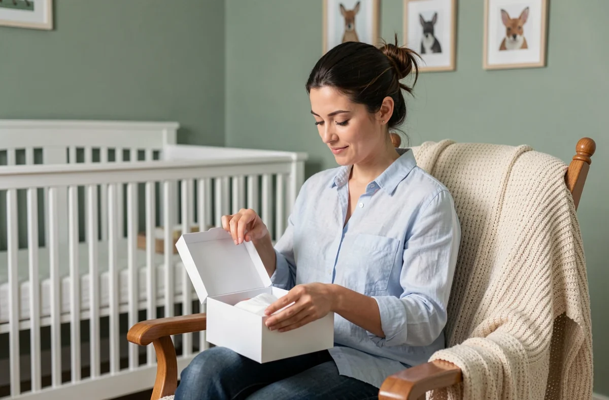 Mère tenant un coffret naissance gratuit dans une chambre de bébé aux tons doux et apaisants