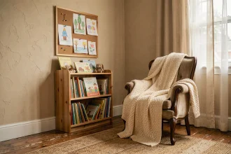 Coin salon familial chaleureux avec étagère de livres pour enfants et dessins colorés au mur