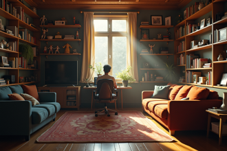 Personne dans un salon cosy avec des étagères de collections