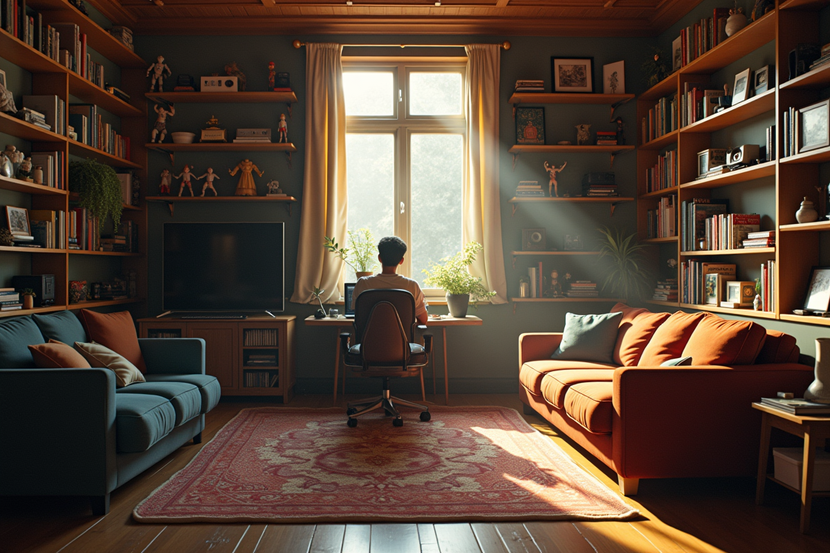 Personne dans un salon cosy avec des étagères de collections