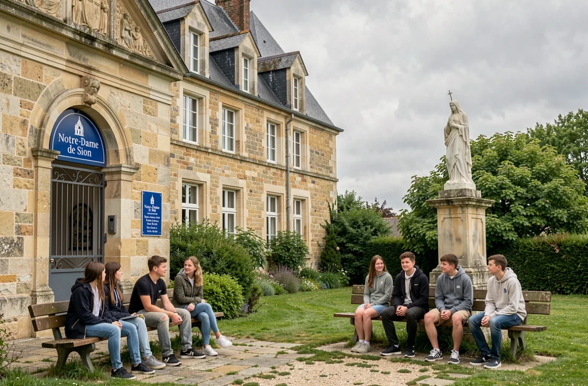 Collège Notre-Dame de Sion dans le Pas-de-Calais, avec sa statuaire religieuse et ses élèves dans la cour verdoyante