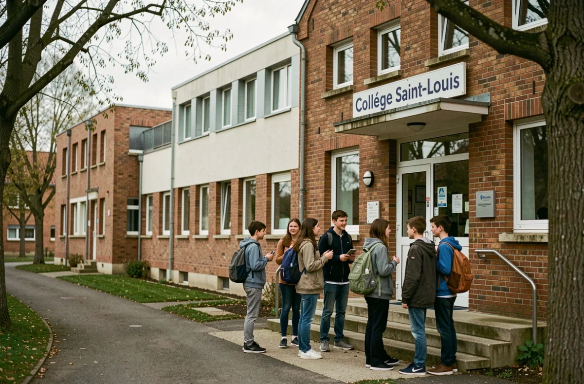 Entrée du Collège Saint-Louis de Saint-Pol-sur-Ternoise avec des collégiens devant le bâtiment en brique