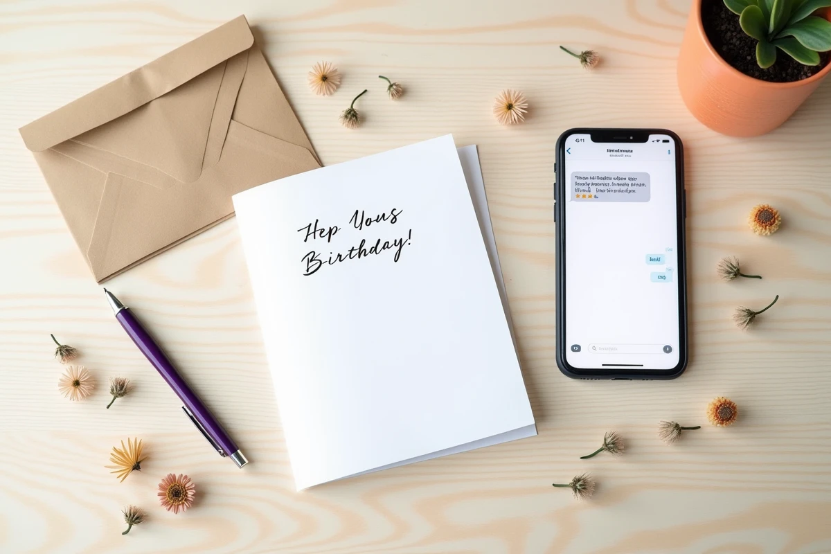 Comparaison entre une carte d'anniversaire manuscrite et un SMS sur smartphone, vue de dessus sur un bureau en bois clair