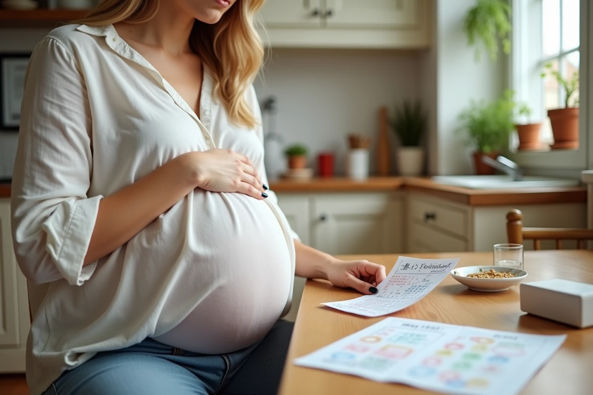 Femme enceinte comparant différents tests maison de prédiction du sexe du bébé à la table de cuisine