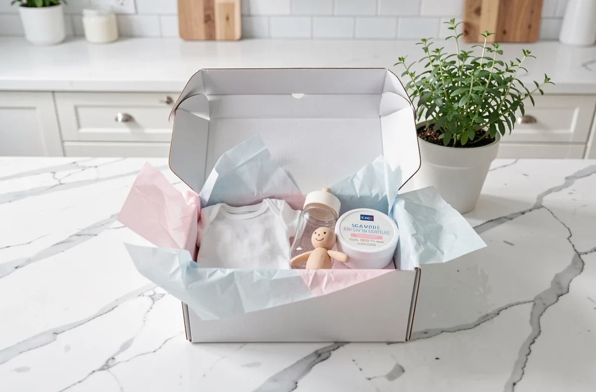 Coffret naissance gratuit ouvert avec des produits bébé disposés sur un comptoir en marbre blanc