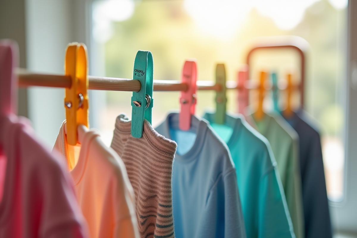 Vêtements avec étiquettes colorées sur un étendoir lumineux