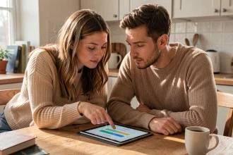 Couple discutant de leur compatibilité amoureuse autour d'une tablette numérique à la maison